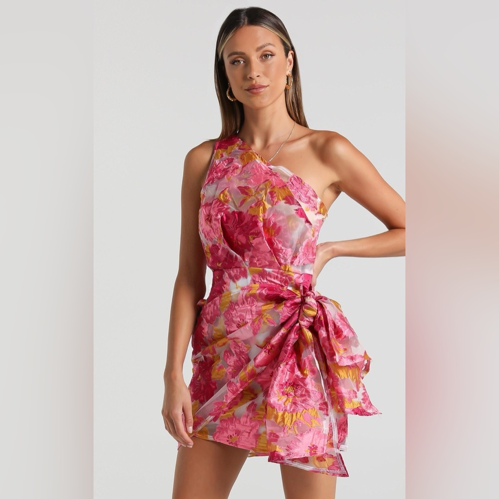 Showpo HAILEY MINI DRESS - ONE SHOULDER DRESS IN PINK FLORAL